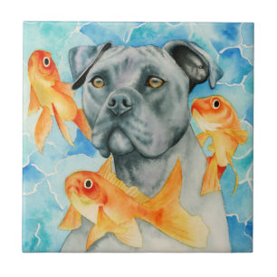 Carreau Chien de pitbull du gardien   et aquarelle de