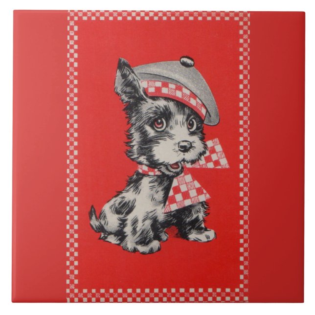 Carreau Chien écossais des années 1950 en rouge (Devant)