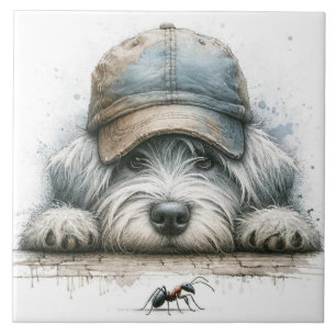 Carreau Chien fantaisiste regardant une araignée