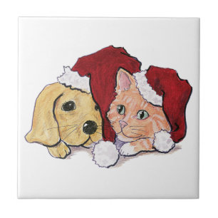 Carreau Chien labrador de Noël mignon et chat tigré orange