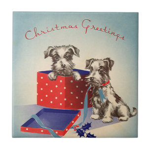 Carreau Chiens Chiots mignons, Voeux de Noël Vintage