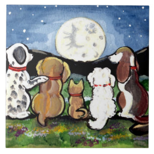 Carreau Chiens regardant Lune Bleu foncé Trivet de tuiles 