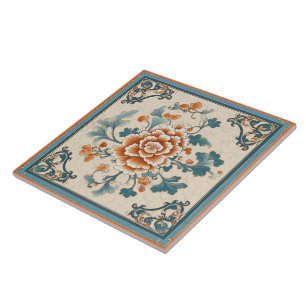 Carreau Chine traditionnelle Fleur d'encre orange Art 1