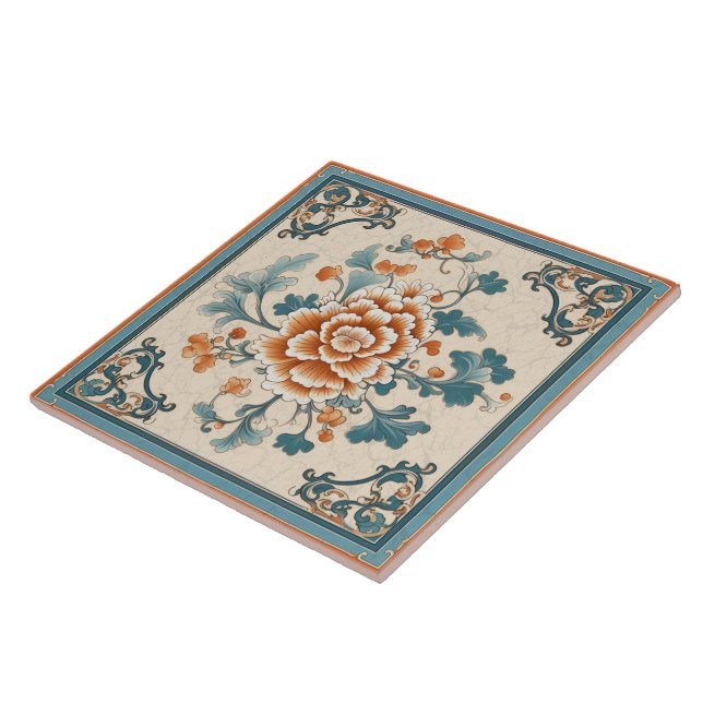 Carreau Chine traditionnelle Fleur d'encre orange Art 1 (Côté)