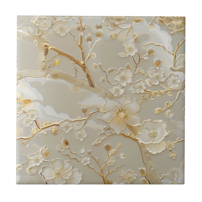 Carreau Chinois crème or motif floral (Devant)