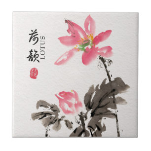 Carreau Chinoiserie Aquarelle à main levée Floral Lotus