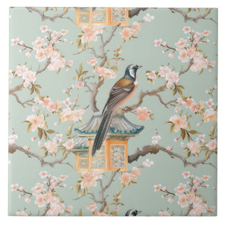 Carreau Chinoiserie Bird & Blossom Blush Sage Ceramic Tile