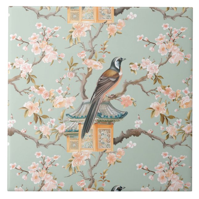 Carreau Chinoiserie Bird & Blossom Blush Sage Ceramic Tile (Devant)