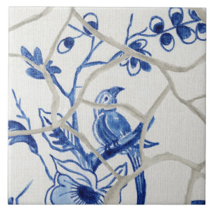 Carreau Chinoiserie Chic Bleu Blancs Oiseaux chinois Flora