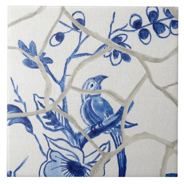 Carreau Chinoiserie Chic Bleu Blancs Oiseaux chinois Flora (Devant)