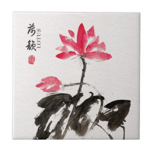 Carreau Chinoiserie Libre Aquarelle Lotus Fleurs
