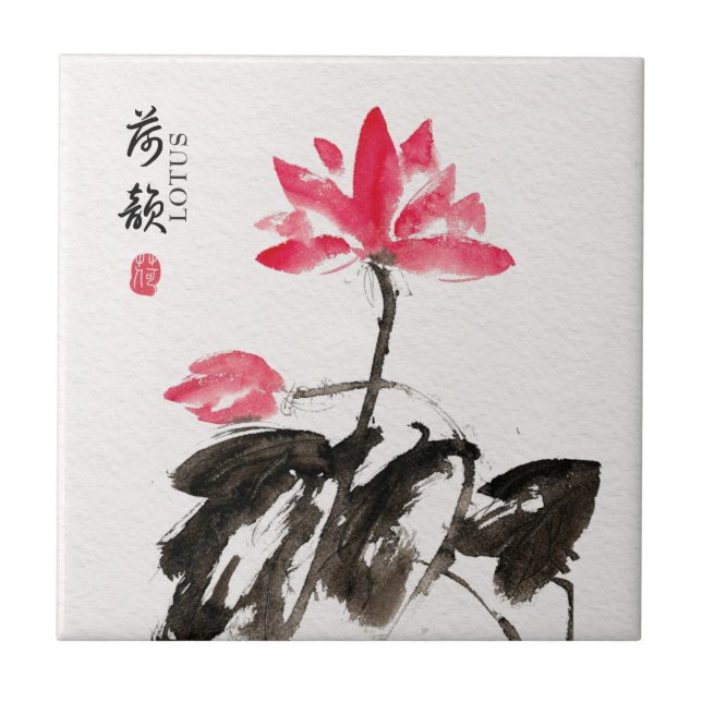 Carreau Chinoiserie Libre Aquarelle Lotus Fleurs (Devant)