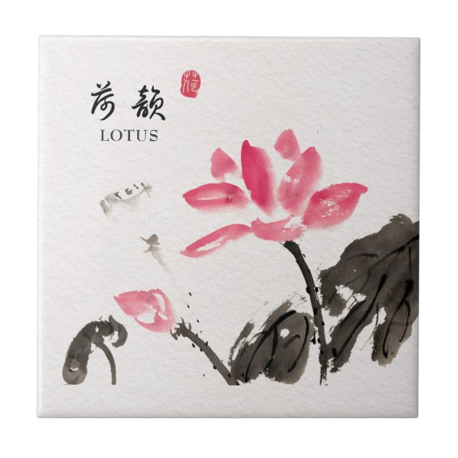 Carreau Chinoiserie Libre Aquarelle Lotus Fleurs Cera (Devant)