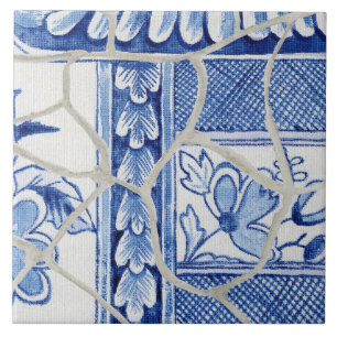 Carreau Chinoiserie Pagode florale chinoise blanche et chi