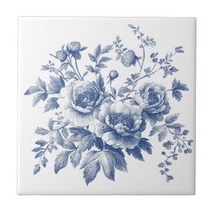Carreau Chinoiserie Toile Bleue Fleurs Aquarelle