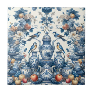 Carreau Chinoiserie Vintage Style Oiseaux & Vases Coussin