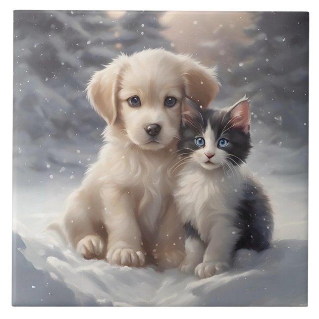 Carreau Chiot mignon et chaton en Pose Portrait de Neige (Devant)