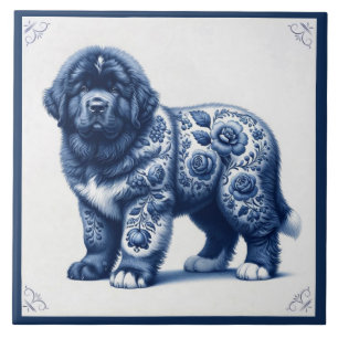 Carreau Chiots Terre-Neuve Bleu de Delft