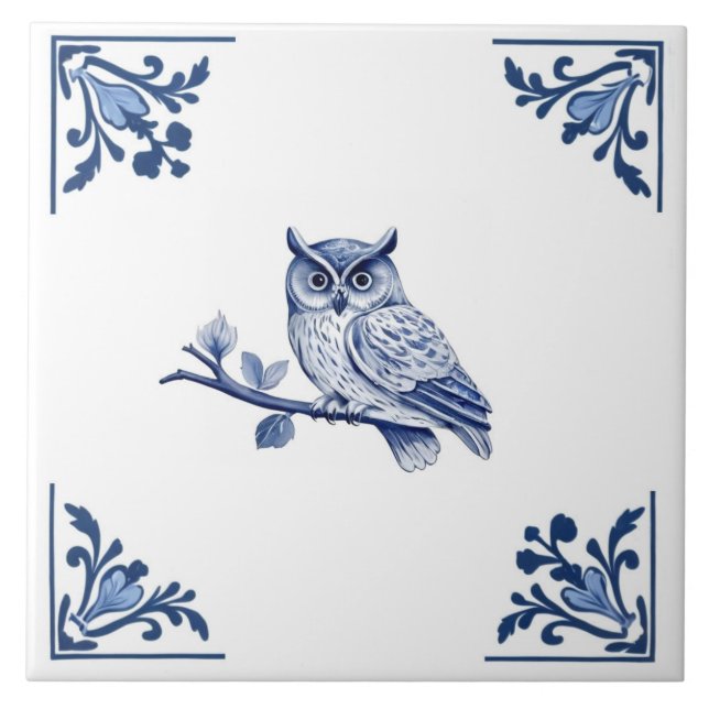 Carreau Chouette avec Delft Blue et Blanc Corner Flourish (Devant)