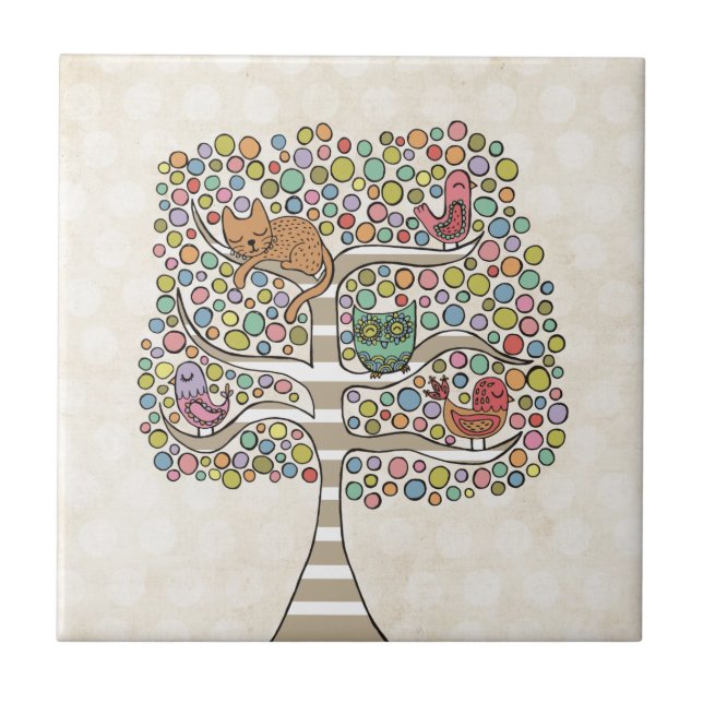 Carreau Chouette chatte et oiseaux dans un arbre Illustrat (Devant)