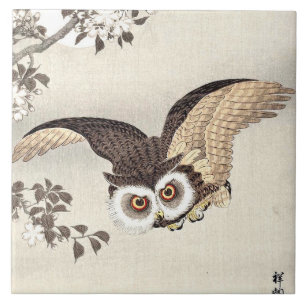Carreau Chouette, fleurs de cerisiers et lune japonaise