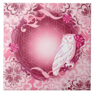 Carreau Chouette rose mignonne avec fleur de vie