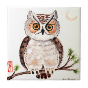 Carreau Chouette sur branche avec lune Woodland Minimal Ar