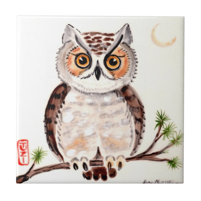 Carreau Chouette sur branche avec lune Woodland Minimal Ar (Devant)