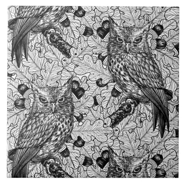 Carreau Chouettes dans le chêne, noir et blanc (Devant)