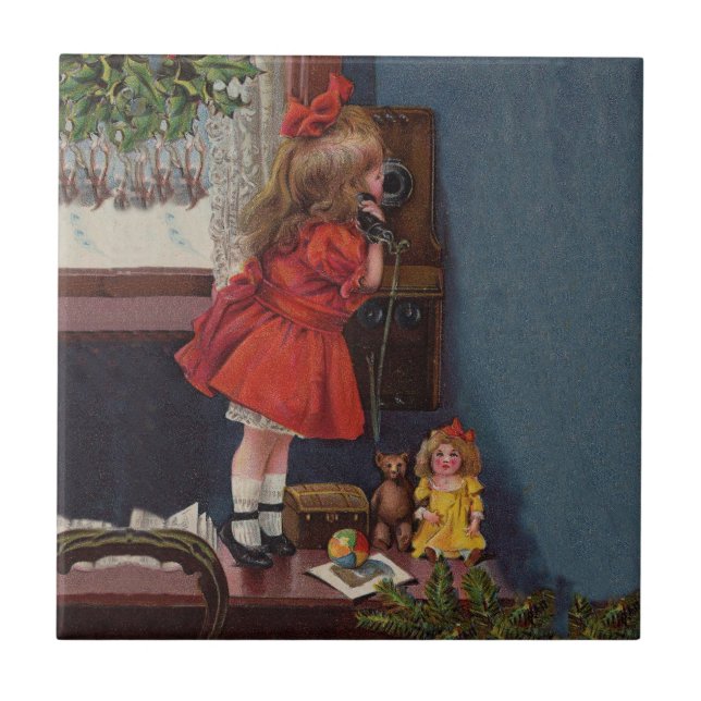 Carreau Christmas Little Girl Téléphone Antique (Devant)