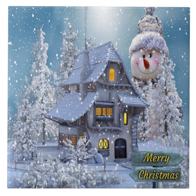 Carreau Christmas Party Winter White Snowman Blue Rustic (Devant)
