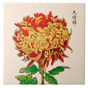 Carreau Chrysanthème japonais vintage. Or et orange