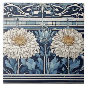 Carreau Chrysanthèmes Art déco Fleurs Art Nouveau Bleu