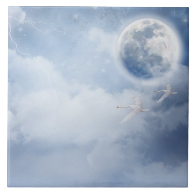 Carreau Ciel bleu magique avec cygnes volants (Devant)