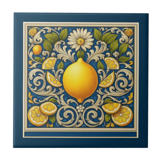 Carreau Citron Almafi Bleu Méditerranéen Art Nouveau (Devant)