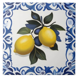 Carreau Citrons jaunes avec bordure bleue et blanche