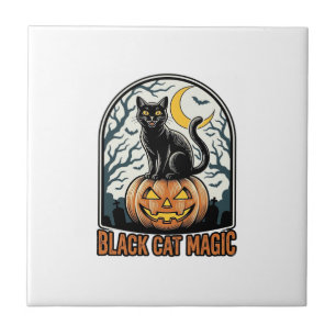 Carreau Citrouille de chat noir gravure Halloween vintage_