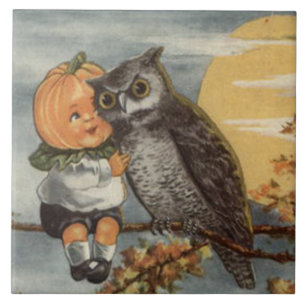 Carreau Citrouille Tête de Hibou Pleine Lune Arbre Citroui