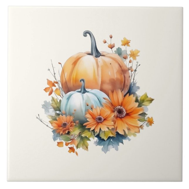 Carreau Citrouilles d'automne avec Fleurs et Foliage (Devant)
