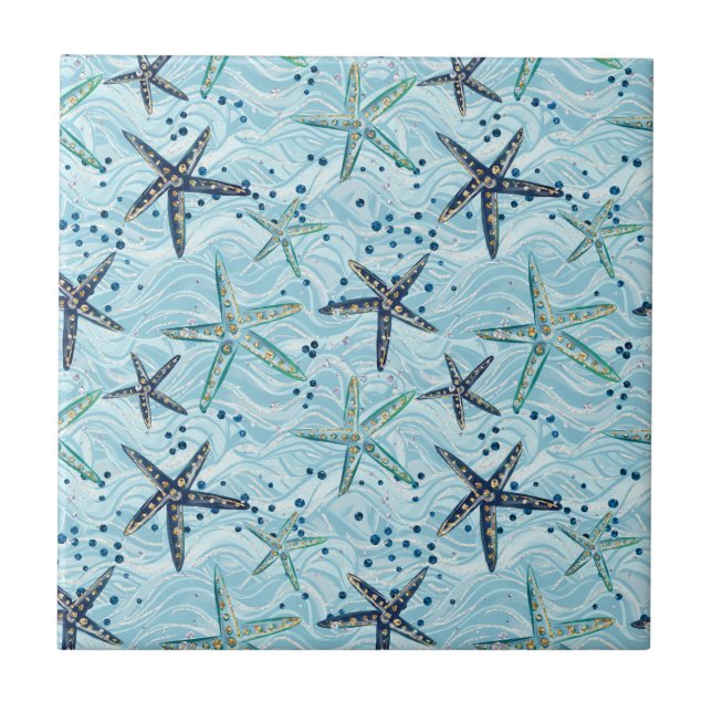 Carreau Clair bleu et or Starfish sur Ocean Wave Motif (Devant)