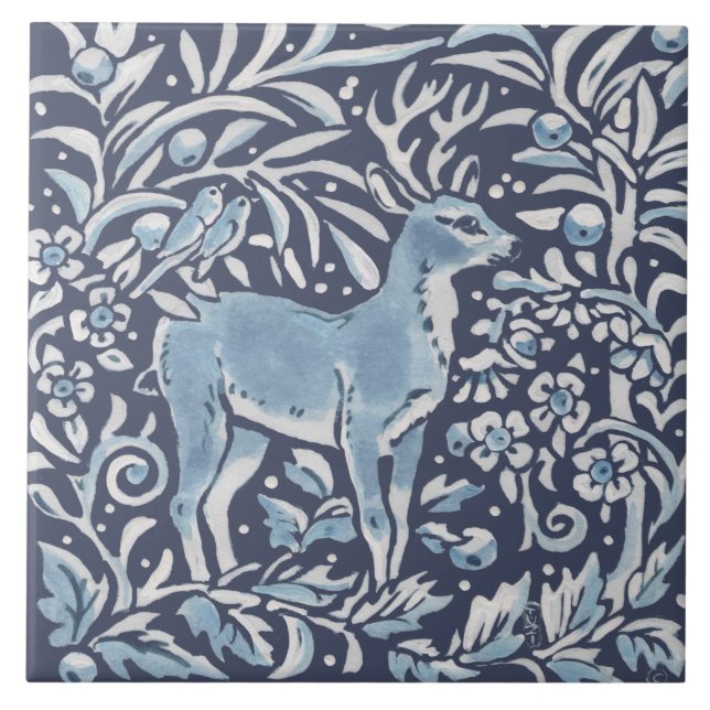 Carreau Classique Bleu Blanc Orné Forêt de Cerfs Art (Devant)