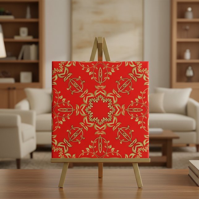 Carreau Classique Luxe Chic Faux Or Ornements Sur Rouge (Créateur téléchargé)