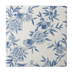 Carreau Classique motif toile fleurie bleu aquarelle blanc