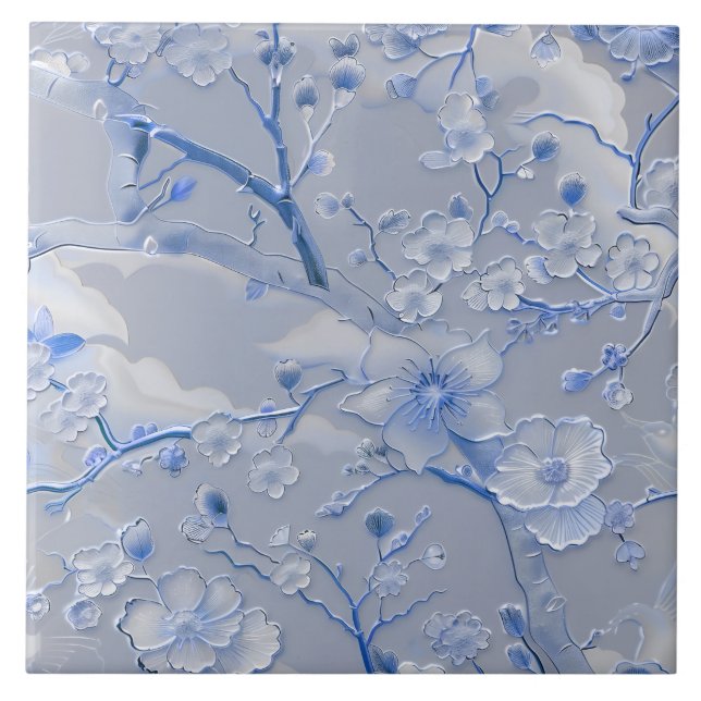 Carreau Cloisonne bleu motif floral (Devant)