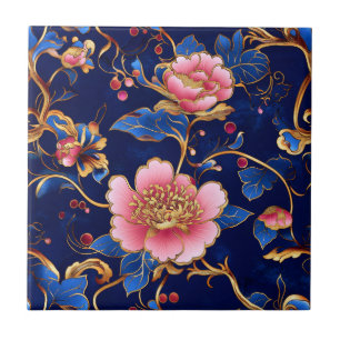 Carreau Cloisonne bleu rose motif floral