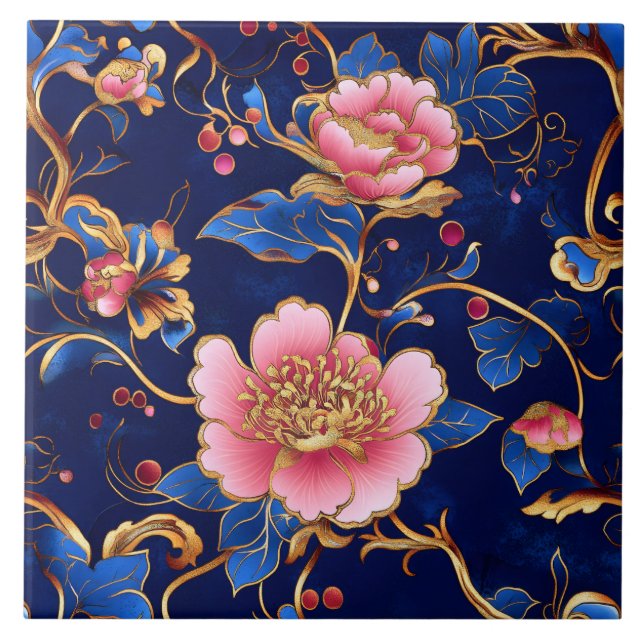 Carreau Cloisonne bleu rose motif floral (Devant)