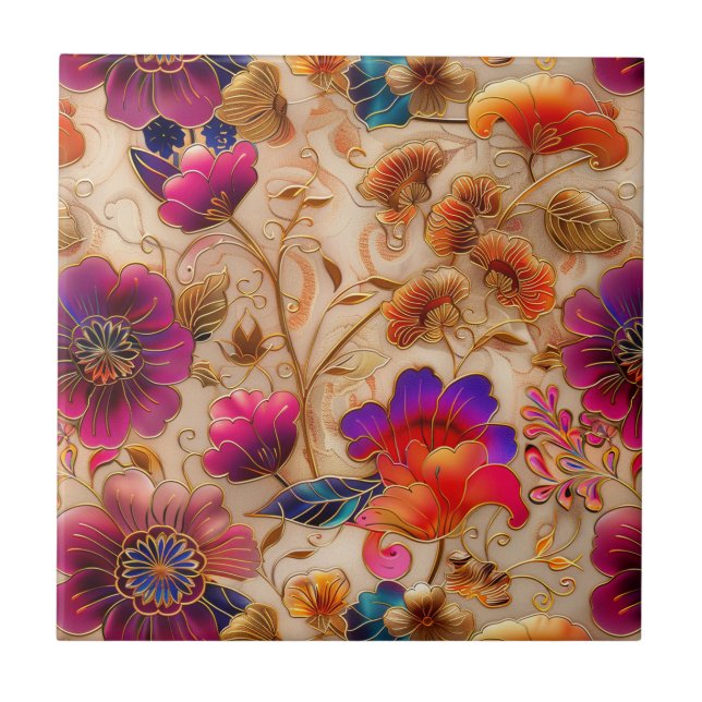 Carreau Cloisonne crème rose motif floral (Devant)