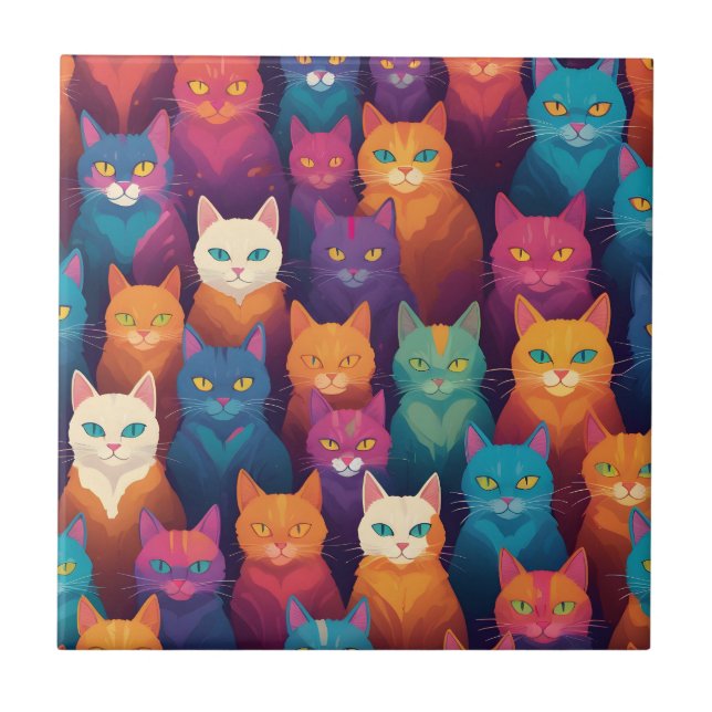 Carreau Clowder de chats colorés (Devant)