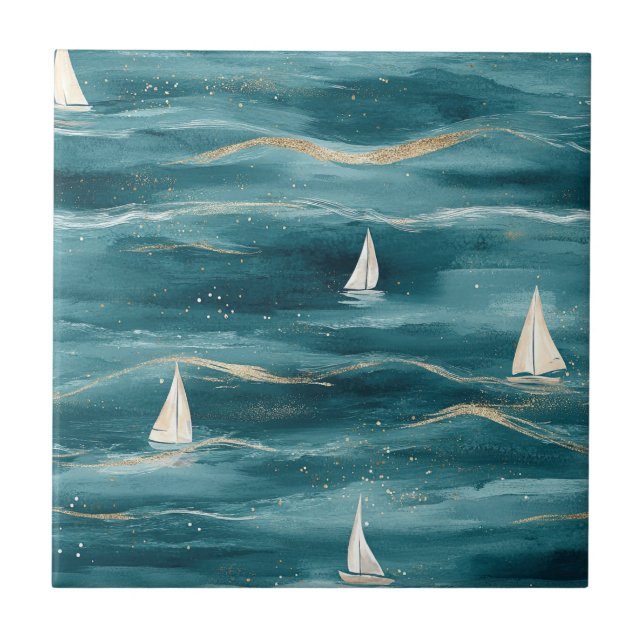 Carreau Coastal Sailboat Waves Nautical Pattern (3) (Devant)