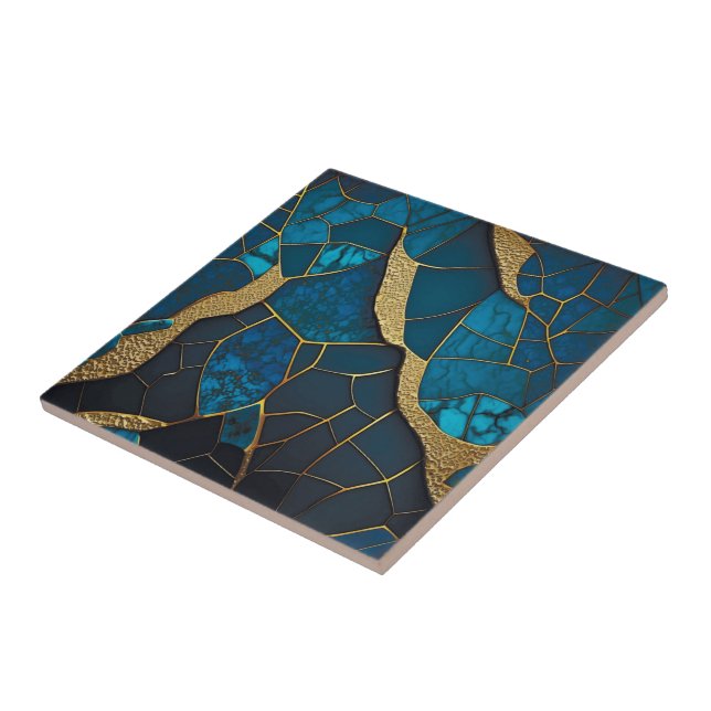 Carreau Cobalt Bleu Marbre Mosaïque Or Inlay Veines (Côté)